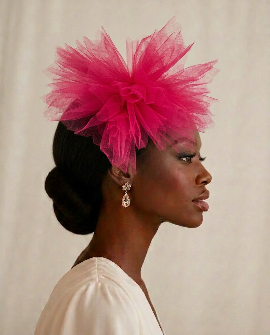 The finished fuchsia tulle fascinator worn elegantly